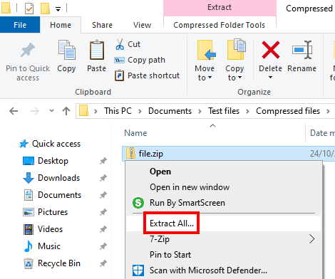 Unzip a ZIP file in Windows 10