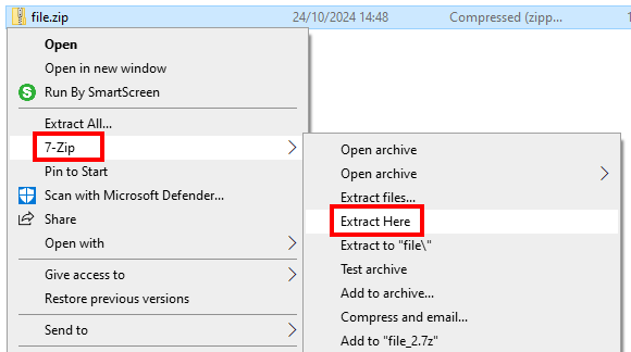 unzip compressed files using 7-zip