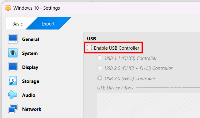 USB Controller settings in VirtualBox