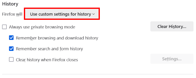 Use custom settings for history in Firefox