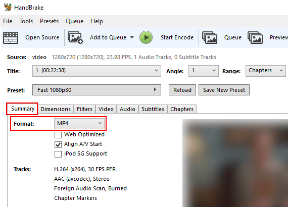 Video format selection menu button in HandBrake