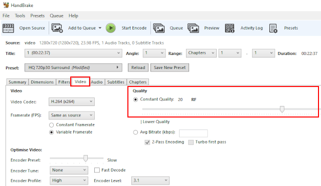 Video quality settings in HandBrake