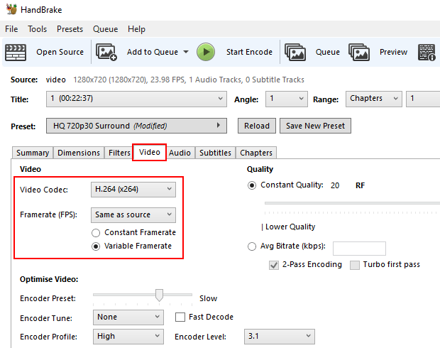 Video settings in HandBrake