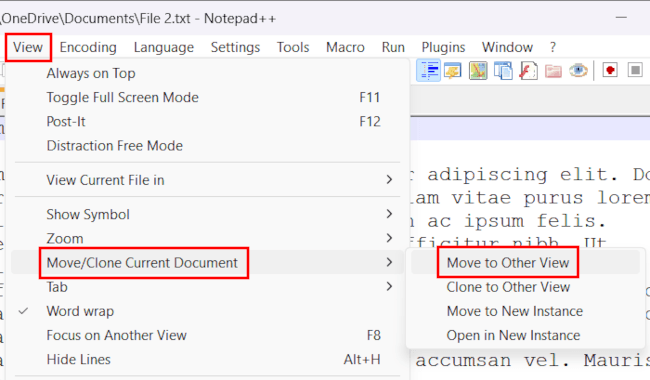 View files side by side in Notepad++