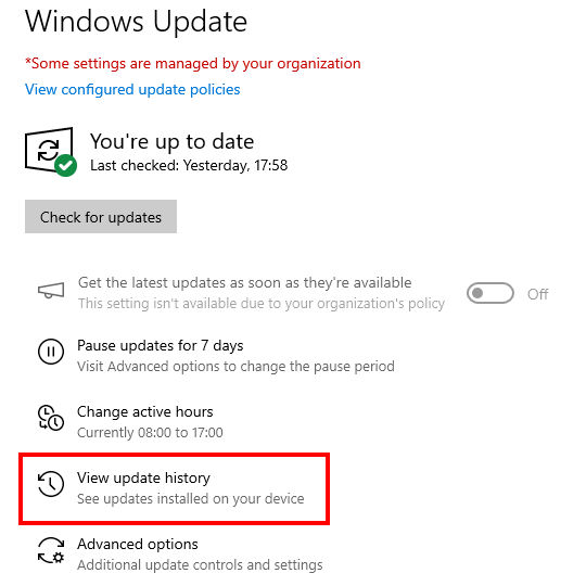 View update history Windows 10