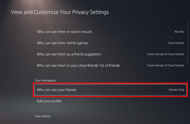 Who can see your friends setting on the PlayStation 5