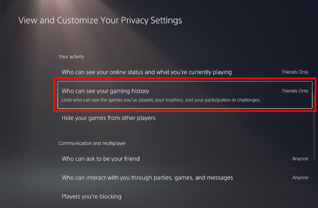 Who can see your gaming history setting on the PlayStation 5