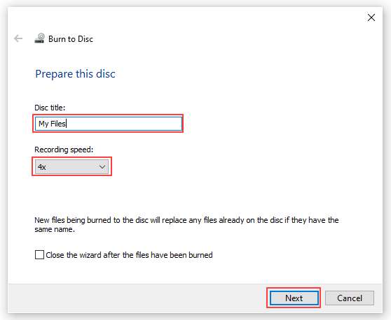 Windows 10 Burn to Disc window