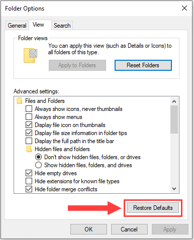 windows 10 file explorer folder options view tab restore defaults button