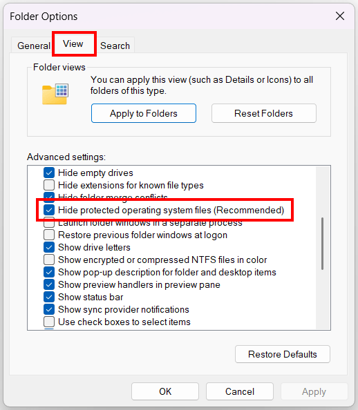 Windows 11 Hide protected operating system files option