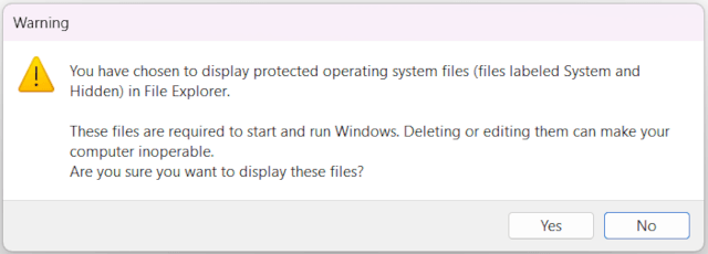 Windows 11 Hide protected operating system files option warning