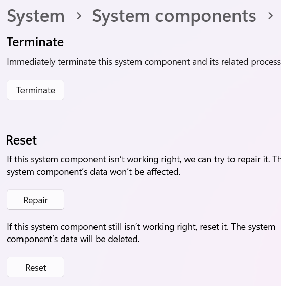 Windows 11 Settings app reset options