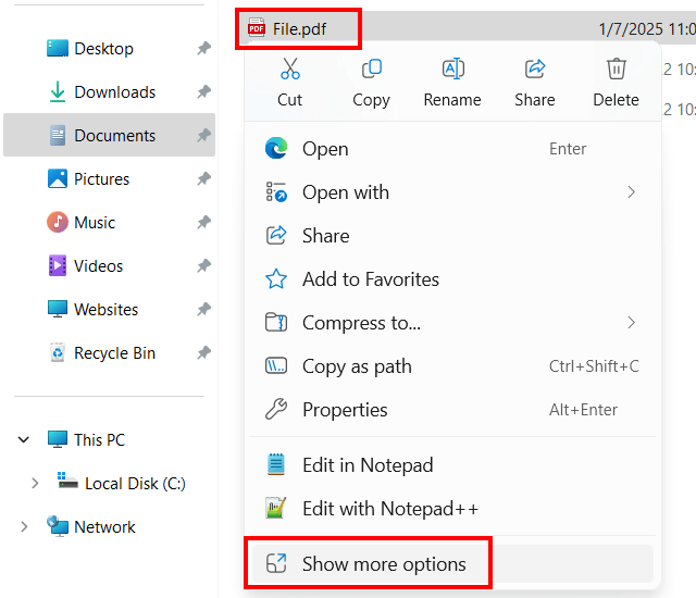 Windows 11 Show more options for PDF file