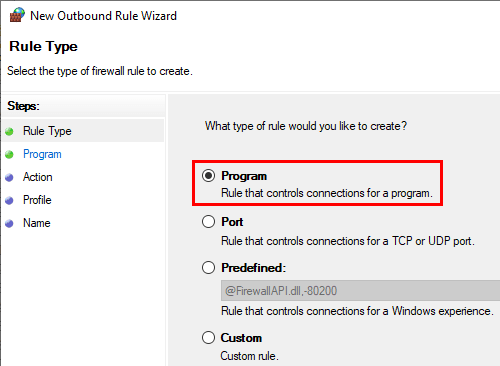 Windows Firewall new outbound rule program option