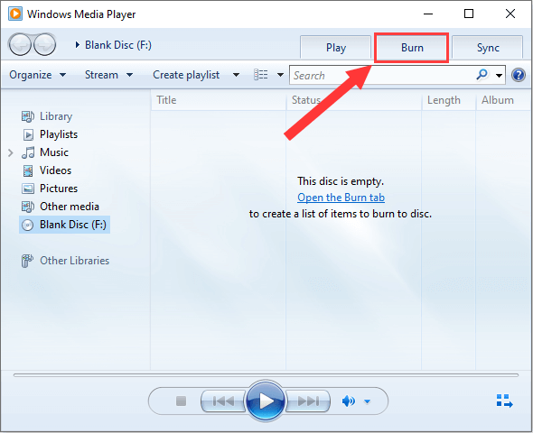 Windows Media Player Burn tab