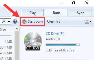 Windows Media Player Start Burn button