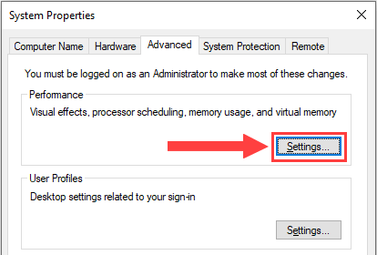 windows system properties performance settings