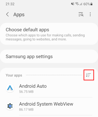 Your apps option button on a Samsung phone